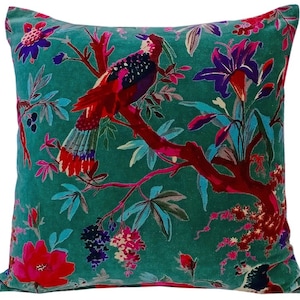 Birds of Paradise Velvet Cushion Cover- Green
