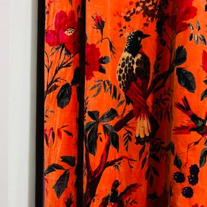 VintageCotton Velvet Coral Orange Color Bird Print luxury Curtain , Boho Curtain, luxury Drapes Housewarming Gift.