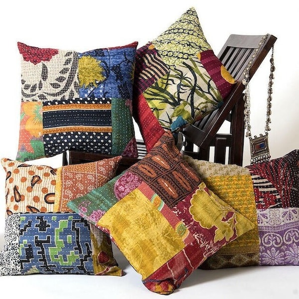 Lot de 5 oreillers, housses de coussin Kantha vintage, housse de coussin Kantha patchwork bohème indien, coussin Kantha antique fait main