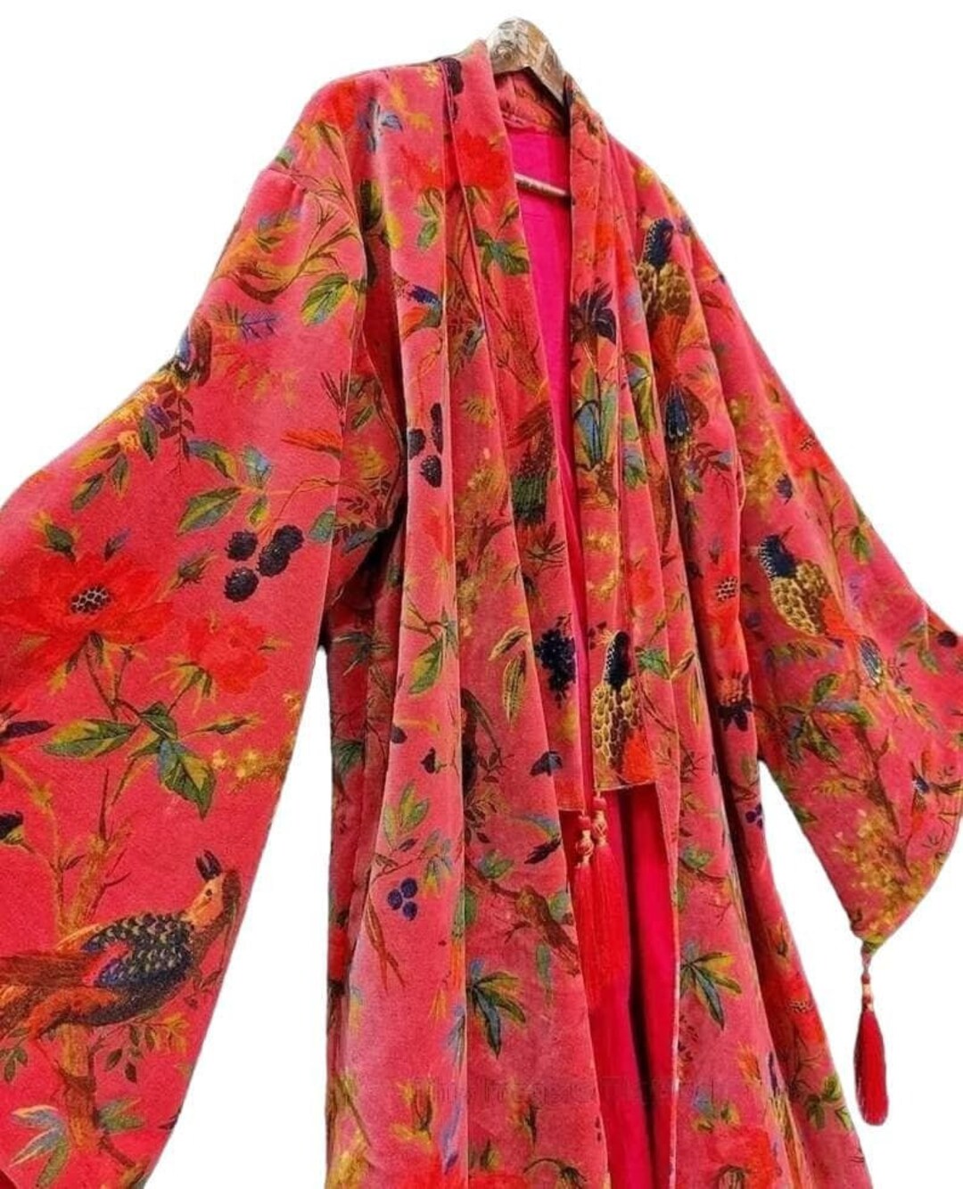 Cotton Velvet Kimono /robe/lounge Wear Birds of Paradise Magenta. the