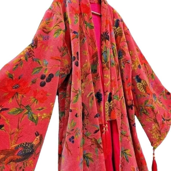 Cotton Velvet Kimono /Robe/Lounge Wear- Birds of Paradise Magenta. the red floral robe