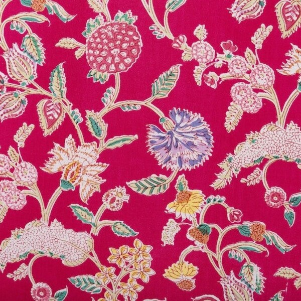 Ethnic Indian Cotton Handmade Light Weight Running Loose Craft Sewing Fabric By The Yard Pink Beautiful Floral Printed Dressmaking Material