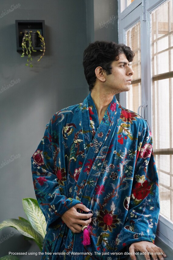 OFMD Velvet Banyan Fabric Kimono Cotton Velvet Robe Long, Original OFMD break up robe Printed Kimono With Tassels Velvet Robe