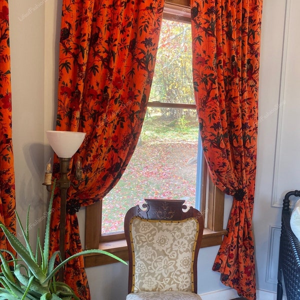 Vintage Cotton Velvet Coral Orange Color Bird Print luxury Curtain , Boho Curtain, luxury Drapes Housewarming Gift.