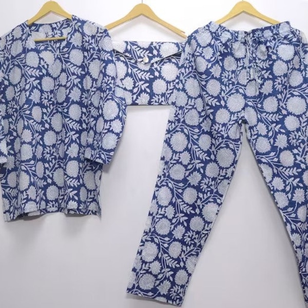 Made in India Hand Block Print Nightwear Set Women's Night Dress Soft Cotton Floral Pattern Dress Shirt Pajama Set Dress Ladies Sleepwear