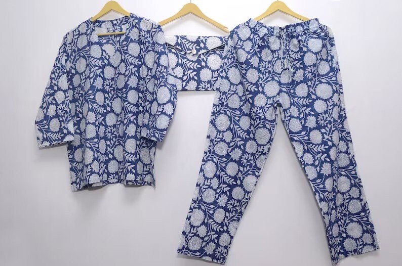 Made in India Hand Block Print Nightwear Set Women's Night Dress Soft Cotton Floral Pattern Dress Shirt Pajama Set Dress Ladies Sleepwear image 1