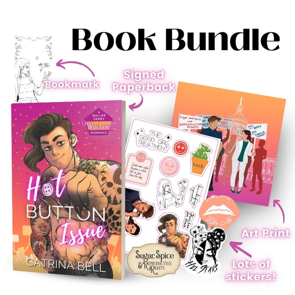 Signed paperback + swag! "Hot Button Issue: A Roller Derby Witches Romance" by Catrina Bell - signed book, stickers, art + more