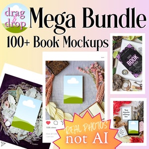 May include: A collection of 100+ book mockups featuring real photos, not AI generated images. The mockups showcase various book covers and settings, including a book with a floral design, a book with a compass and a key, and a book with a landscape scene.