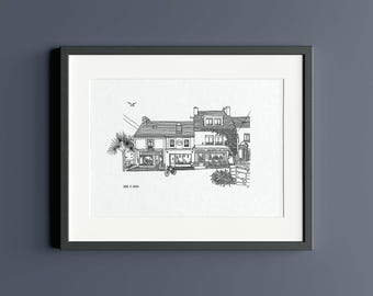 May include: Black and white line drawing of two buildings with a small garden in front. The buildings have windows and doors, and the garden has plants and a bicycle.