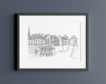 May include: Black and white line drawing of a cityscape with buildings and a church steeple. The drawing is framed in a black frame with a white mat.