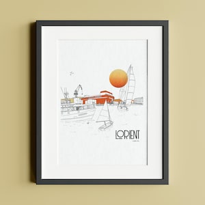 Peut inclure: Impression d'art encadrée représentant un port avec des voiliers, un grand soleil orange et des bâtiments industriels. L'œuvre est en noir, blanc et orange, avec le mot "LORIENT" dans une police stylisée. L'impression est dans un cadre noir.
