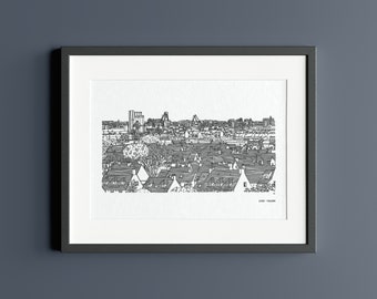 May include: Black and white line drawing of a city skyline with buildings and houses. The drawing is framed in a black frame with a white mat.