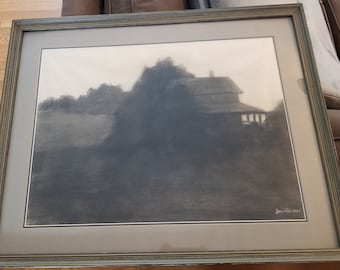 Jan McCartin (1909-2002) Sheltered House Charcoal drawing framed