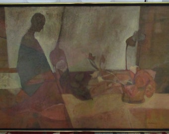 Elias Newman (1903-1999) Israël a signé un grand tableau original à l'huile sur toile MCM de chat persan RARE