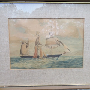 Antico J.C. Ross 1915 firmato dipinto ad acquerello con vista sul mare delle navi incorniciato