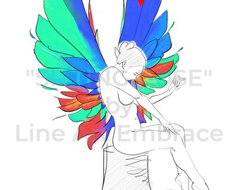 Arte de línea de mujer, dibujo de línea femenina, arte de línea de ángel de mujer, decoración de pared minimalista, arte de contorno desnudo, dibujo de ángel, obra de arte de ángel