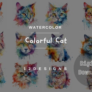 Kleurrijke kat aquarel portret, aquarel kat PNG digitale download clipart, kat aquarel kunst, 12 ontwerp