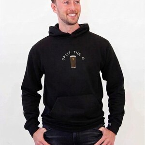 Split The G Embroidered Hoodie, Guinness Inspired Pint Logo Sweatshirt Black - central logo