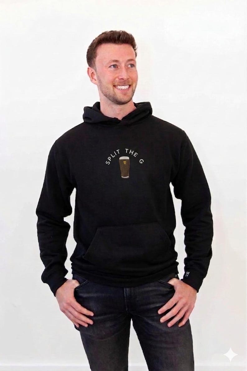 Split The G Embroidered Hoodie, Guinness Inspired Pint Logo Sweatshirt Black - central logo