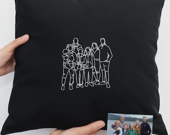 Custom Embroidered Family Line Art Cushion, Minimalist Portrait Pillow, Housewarming Keepsake