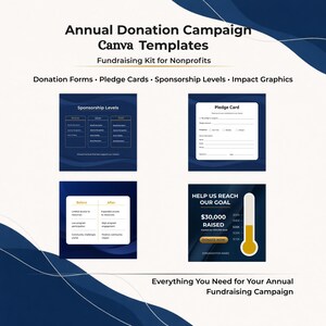 May include: A promotional graphic for a fundraising campaign. The image features templates for donation forms, pledge cards, sponsorship levels, and impact graphics. The text reads "Annual Donation Campaign Canva Templates" and "Fundraising Kit for Nonprofits."