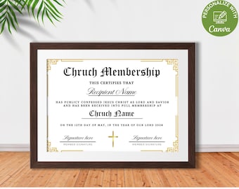Plantilla de certificado de membresía de la iglesia, certificado de membresía editable, plantilla imprimible de certificado de nuevos miembros de la iglesia (Canva)