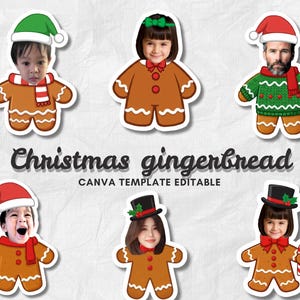 Może przedstawiać: Sześć naklejek z ludzikami z piernika z twarzami, w czapkach i szalikach świątecznych. Piernikowe ludziki są brązowe z białymi detalami lukru. Tekst na dole brzmi "Christmas gingerbread CANVA TEMPLATE EDITABLE".