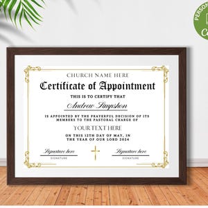 Editable Appointment Certificate, Printable Bishop Pastor Appointed Certificate, Church Certificates, DIY Religious Canva Template