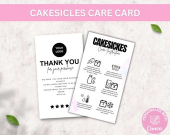 Plantilla de tarjeta de cuidado de mini Cakesicles, guía de cuidado de Cakesicles editable, cuidado de piruletas de pastel imprimibles, empaque elegante para panadería