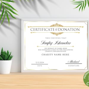 Plantilla de certificado de donación, certificado de donación editable, certificado de regalo de donación benéfica imprimible, plantilla de Canva.
