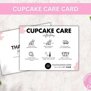 Modelo de cartão de cuidados com cupcakes editável, dicas de guia de cuidados com cupcakes, instruções de cuidados com muffins para impressão, inserções de embalagens de padaria com design boho