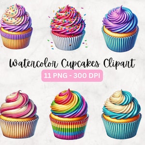 Watercolor Cupcakes Clipart, 11 PNG Cupcake Clip Art, Watercolor Cupcakes Bundle, Dessert Clipart Png, Cupcake Clipart, Commercial Use