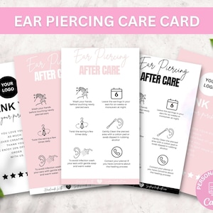 Bewerkbare oorpiercing nazorgsjabloon, afdrukbare piercinggidskaart, piercingverzorging, kleine bedrijven bedankkaarten Canva-sjabloon