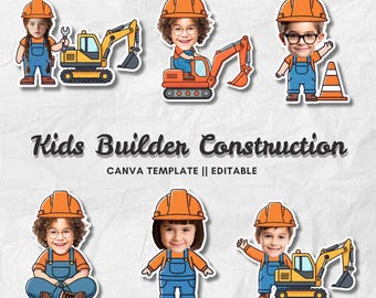 Kids Builder Construction | Add Your Own Face Template | Editable Canva PNG | Construction Birthday Party Clipart
