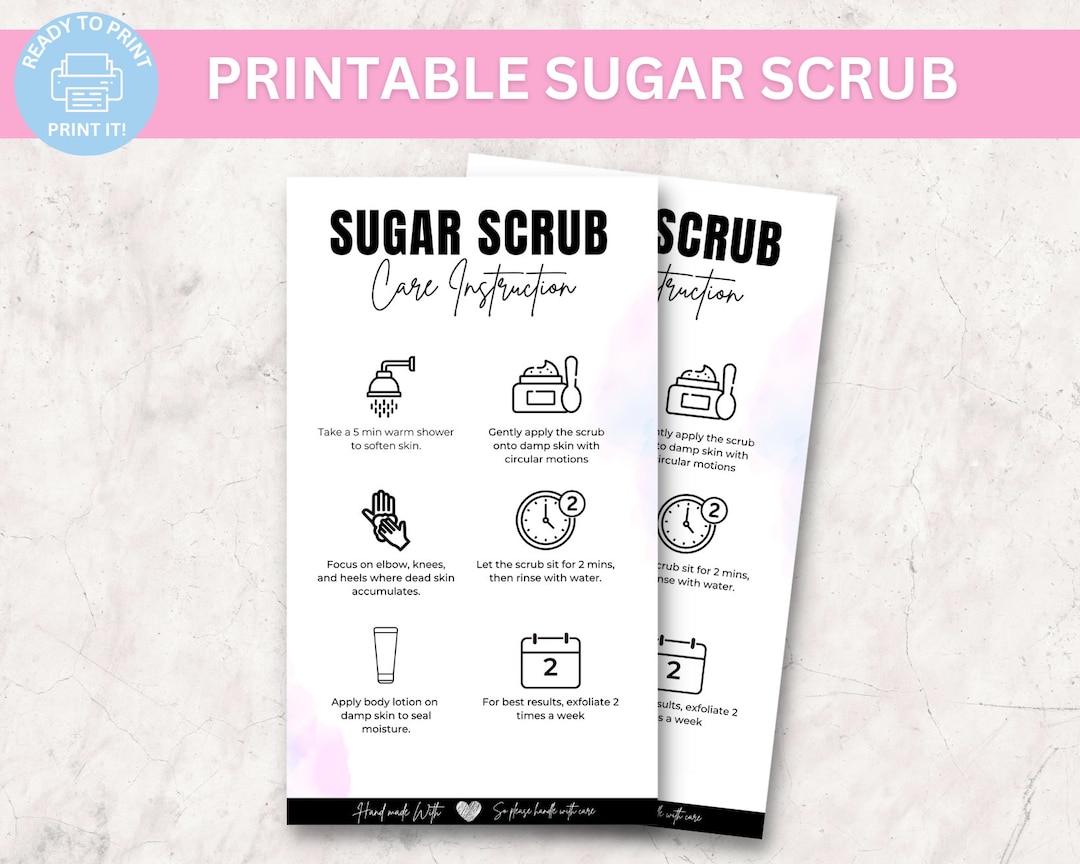 Printable Sugar Scrub Care Card Template, Body Scrub Care Instructions
