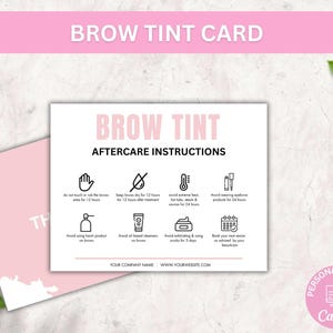 Bewerkbare kaartsjabloon wenkbrauwtint, postverzorgingskaarten wenkbrauwtint, afdrukbaar schoonheidssalon Canva-ontwerp, klantgids schoonheidsspecialiste