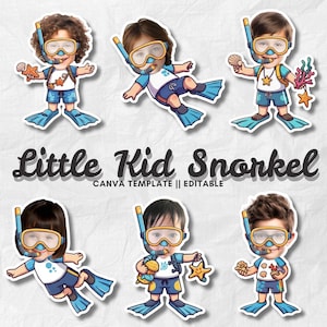 Pode incluir: Seis ilustrações de desenhos animados de crianças com equipamento de snorkel. Cada criança usa uma máscara de snorkel, um snorkel e barbatanas. As crianças estão segurando criaturas marinhas. O texto na imagem diz "Little Kid Snorkel" e "CANVA TEMPLATE || EDITABLE".