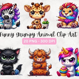 Watercolor Funny Grumpy Animals Collection Clipart, 24 PNG Funny Grumpy Safari Animals Clipart, Cartoon Pet Prints Bundle, Commercial Use