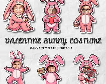 Valentine Bunny Costume Kids | Add Your Own Face Photo Template | Valentine Animal Clipart | Editable Canva PNG