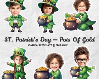 St. Patrick’s Day Pots of Gold | Add Your Own Face Photo Template | Lucky Kids Clipart | Editable Canva PNG