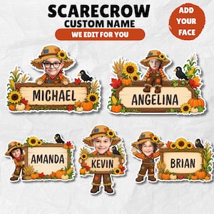May include: Five custom scarecrow-themed graphic designs featuring a wooden sign with names Michael, Angelina, Amanda, Kevin, and Brian. Each design includes a cartoon scarecrow with a photo-realistic face, sunflowers, pumpkins, and black birds.