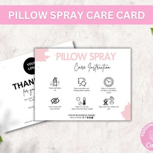 Verzorgingskaartsjabloon kussenspray, bewerkbare onderhoudsgids slaapnevel, linnenverfrisserspray veiligheidsinstructies, minimalistische spraywaarschuwing