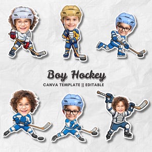 Puede incluir: Seis pegatinas de dibujos animados con niños con equipamiento de hockey. Las pegatinas muestran a niños con cascos y gafas, sosteniendo palos de hockey, en varias poses de acción. También se ve el texto "Boy Hockey" y "CANVA TEMPLATE || EDITABLE".