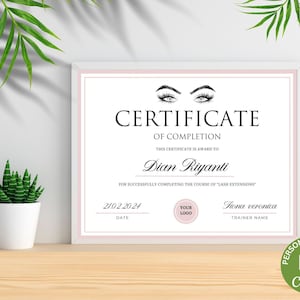 Editable Lash Certificate Of Completion Template, Printable Lash Extension Certificate, Lash Course Certificate Canva Template