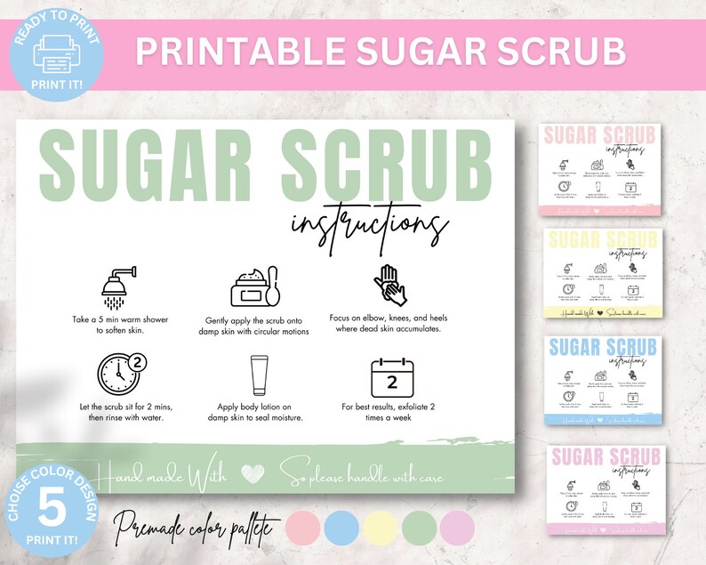 Scrub Application Printable Sugar Scrub Care Card Template, Body Scrub Care Instructions ...