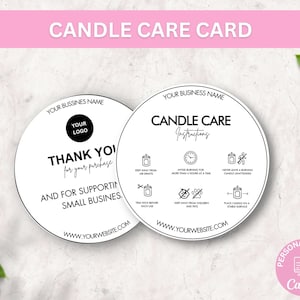 Circle Candle Care Card Editable, Printable Candle Care Instructions, Candles Care Guide, Black & White Candle Business Canva Template.