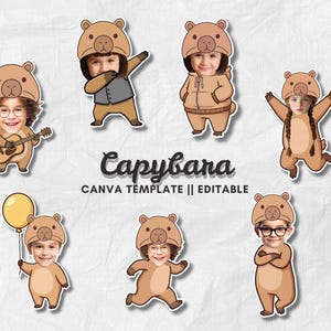 Puede incluir: Una colección de siete diseños de personajes de capibara de dibujos animados. Cada capibara tiene la cara de un niño y lleva un sombrero y un traje de capibara marrón. El texto "Capybara CANVA TEMPLATE || EDITABLE" se muestra.