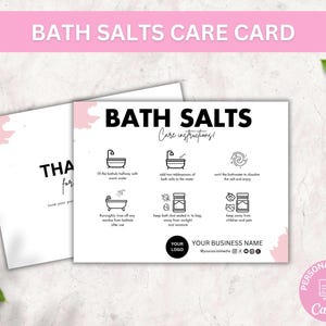 Editable Bath Salts Care Card Template, Epsom Salt Care Guide Instructions, Bath Soak Safety Note, Elegant Design How To Use Bath Salt Tips
