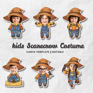 Pode incluir: Seis recortes de adesivos de crianças em fantasias de espantalho. Cada criança usa um chapéu marrom, uma camisa laranja e macacão azul. O texto "kids Scarecrow Costume" e "CANVA TEMPLATE || EDITABLE" também são visíveis.