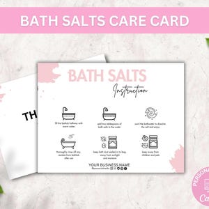 Editable Bath Salts Care Card Template, Epsom Salt Care Guide Instructions, Bath Soak Safety Note, Elegant Design How To Use Bath Salt Tips